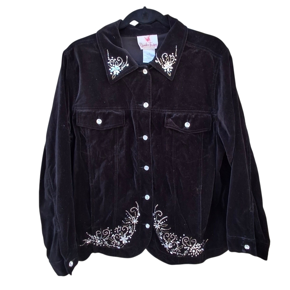 Quacker Factory Black Velveteen Embellished Blazer Jacket Women Size 1X